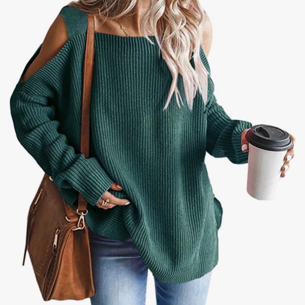“Cold shoulder” green chunky sweater